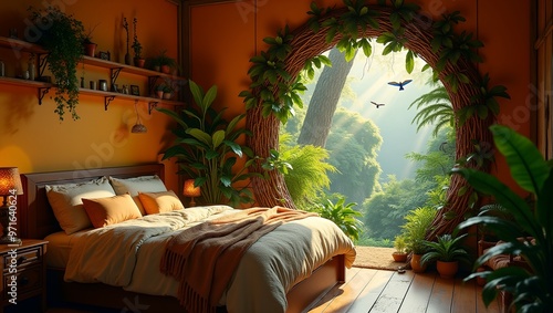 Cozy bedroom with nature portal to lush rainforest strange birds soaring in vibrant foliage photo