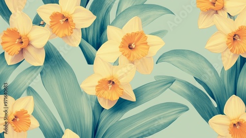 Floral pattern with yellow daffodils and pale green leaves generative ai