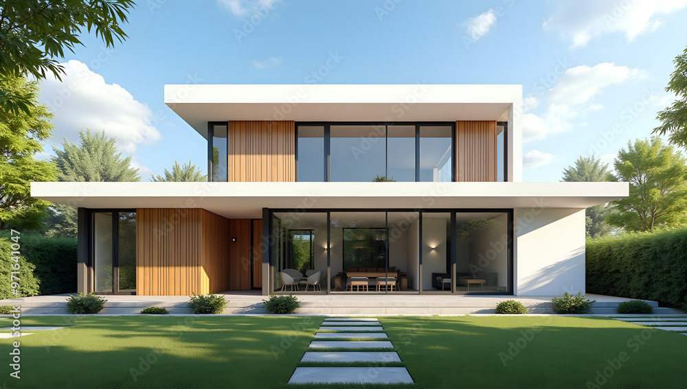 Bright Blue Sky Over Modern Home with Clean Lines and Soft Shadows Bright Blue Sky Over Modern Home with Clean Lines and Soft Shadows