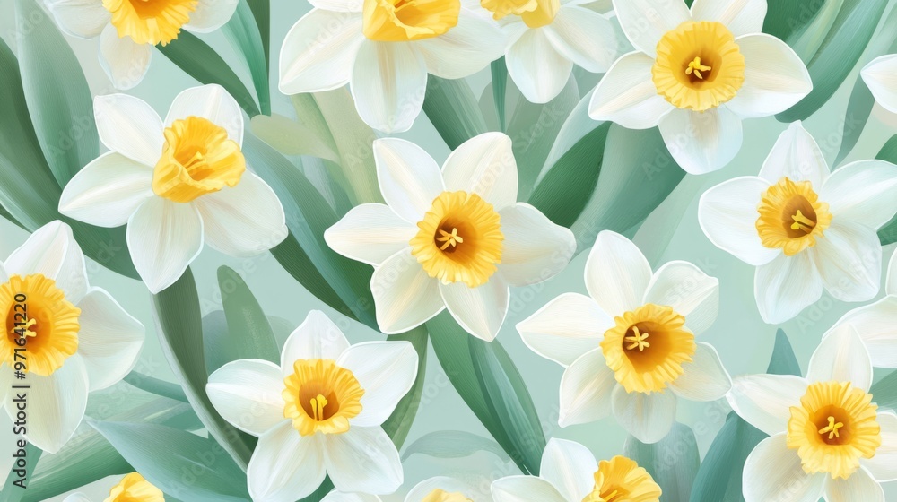 Fototapeta premium Floral pattern with yellow daffodils and pale green leaves generative ai