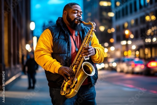 A husky with a saxophone, standing on a street corner at night, playing smooth jazz under a flickering streetlight