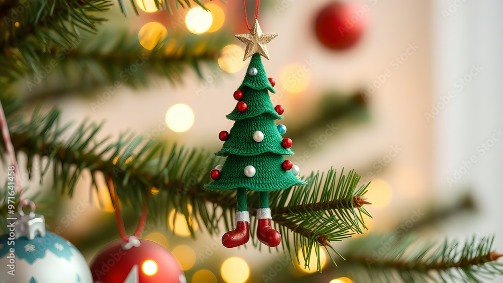 Cute Christmas tree ornament in shape of small tree with star and boots hanging on pine branch Cute Christmas tree ornament in shape of small tree with star and boots hanging on pine branch
