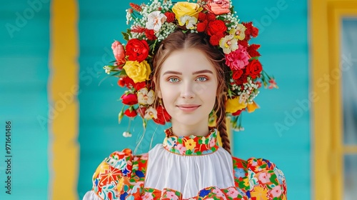 Young woman in colorful Dirndl, traditional Bavarian dress, cultural attire, festive outfit photo