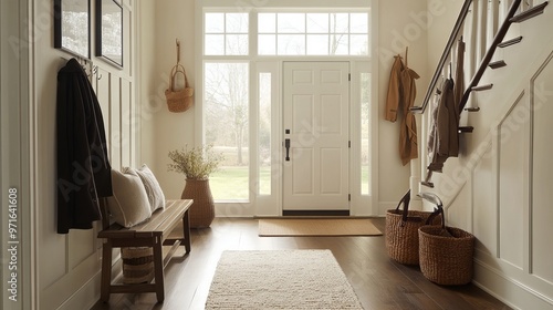 Front entry door with stairs including a welcome bench and coat rack