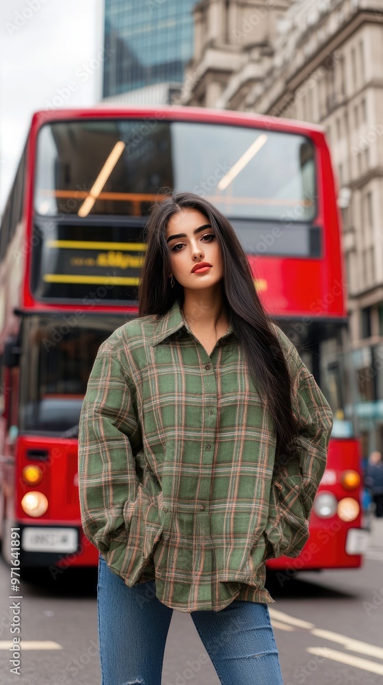 Fototapeta premium A captivating woman gazes gracefully at the camera as she stands on the bustling streets of London, surrounded by historic architecture and a vibrant atmosphere