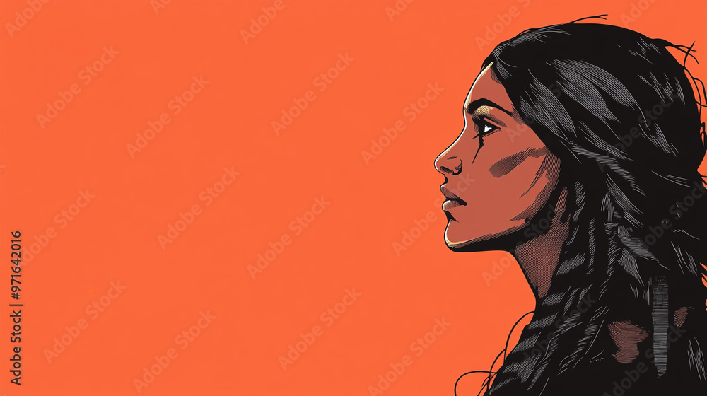 2d illustration a portrait of a native American female woman side view illustration artwork Indigenous Peoples Day, yellow background banner card poster abstract artistic artwork 2d illustration a portrait of a native American female woman side view illustration artwork Indigenous Peoples Day, yellow background banner card poster abstract artistic artwork