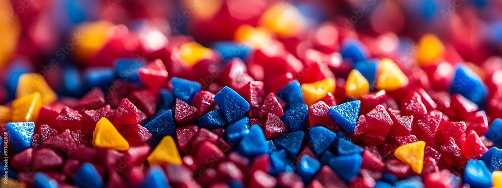 A close-up of red, blue, and yellow plastic granules with small triangular pieces in the background A close-up of red, blue, and yellow plastic granules with small triangular pieces in the background