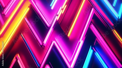 Abstract neon lights in a zig zag pattern with pink, yellow and blue.