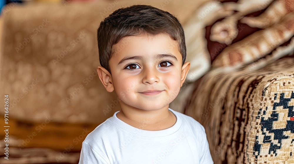 A young boy with blonde hair and brown eyes stands in his living room wearing a gray T-shirt. His expressionless face creates an atmosphere of solitude amid family hints A young boy with blonde hair and brown eyes stands in his living room wearing a gray T-shirt. His expressionless face creates an atmosphere of solitude amid family hints