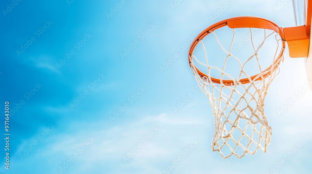 Basketball in the net, crisp blue sky above. Basketball in the net, crisp blue sky above.