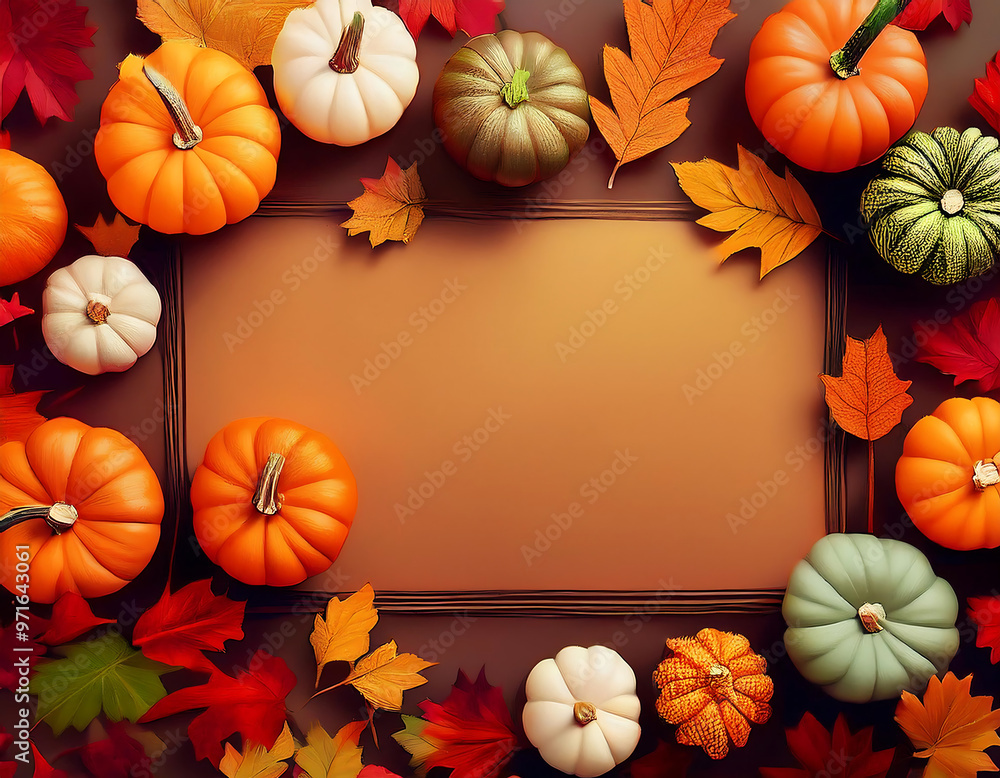 Flat lay of different colored pumpkins, surrounded by autumn leaves, creating a festive fal_1(410) Flat lay of different colored pumpkins, surrounded by autumn leaves, creating a festive fal_1(410)