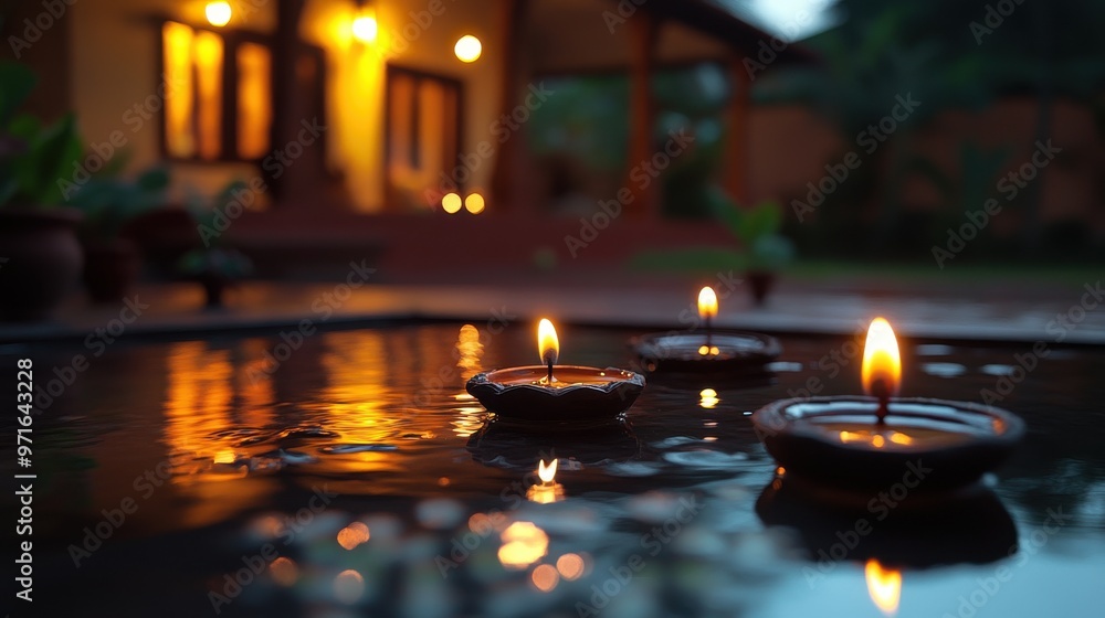 A peaceful Diwali night with glowing lamps, decorated homes, and festive joy A peaceful Diwali night with glowing lamps, decorated homes, and festive joy