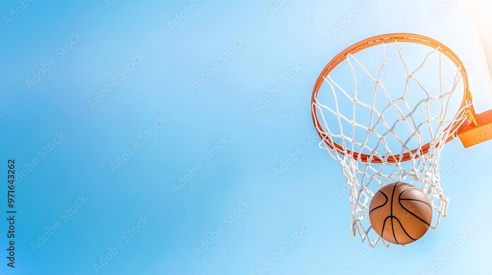 Basketball net, ball mid-air with clear sky backdrop. Basketball net, ball mid-air with clear sky backdrop.