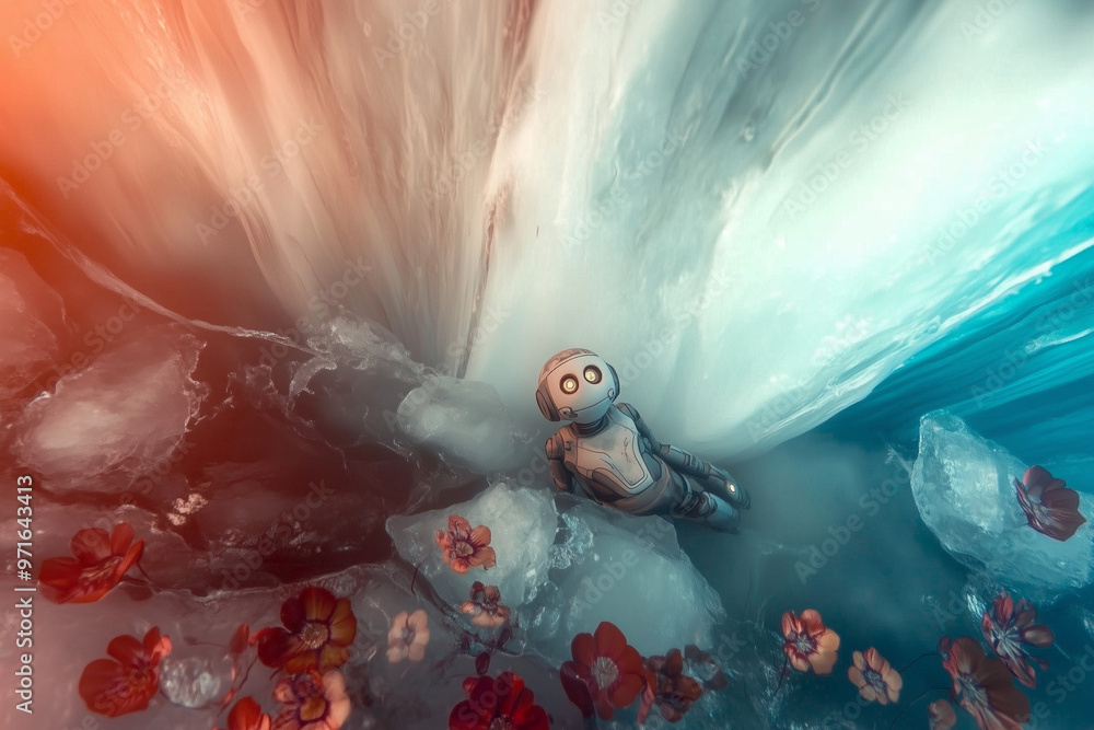 Fototapeta premium Futuristic Robot in Snowy Landscape - AI and Nature Fusion