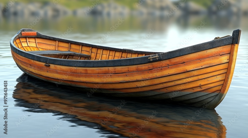 A beautifully crafted wooden boat floating peacefully on calm water, showcasing its elegant design and serene surroundings. A beautifully crafted wooden boat floating peacefully on calm water, showcasing its elegant design and serene surroundings.