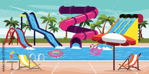 Vector illustration of a summer landscape with a water park. Cartoon scene of a swimming pool with colored water slides, inflatable circles, palm trees, sun umbrellas, deckchairs, a cocktail table.