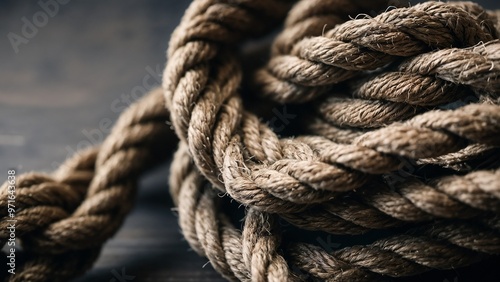 Detailed close-up of coiled tug of war rope, natural fibers texture, artistic composition, copy space