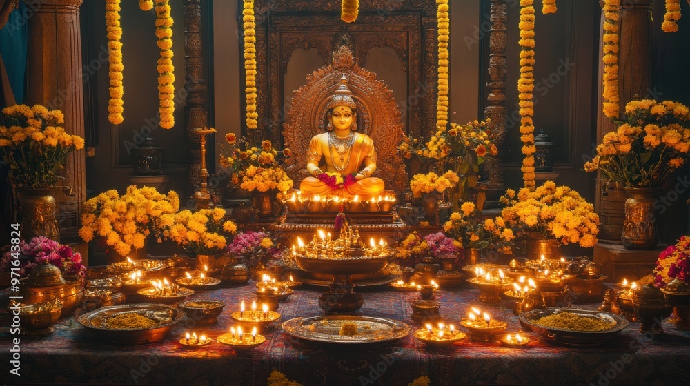 Fototapeta premium A rich Dhanteras display with Lord Dhanvantari idol, oil lamps, and gold offerings