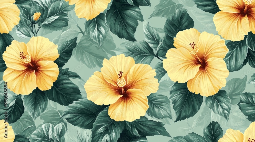 custom made wallpaper toronto digitalFloral pattern with yellow hibiscus flowers and pale green leaves generative ai