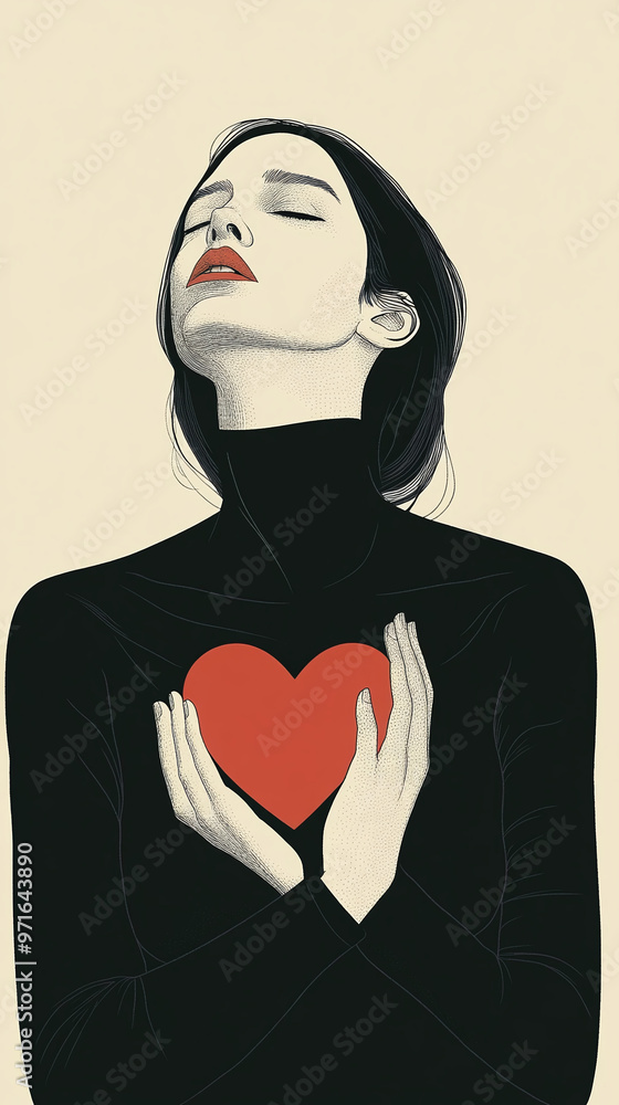 2d illustration of a portrait of a woman in love, comic book art style, artistic artwork for a female mother with heart in hands, black and white red Valentine day design romantic dreamy lady 2d illustration of a portrait of a woman in love, comic book art style, artistic artwork for a female mother with heart in hands, black and white red Valentine day design romantic dreamy lady