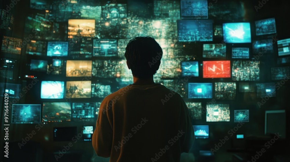 A lone figure stands before a wall of glowing screens displaying data and code. A lone figure stands before a wall of glowing screens displaying data and code.