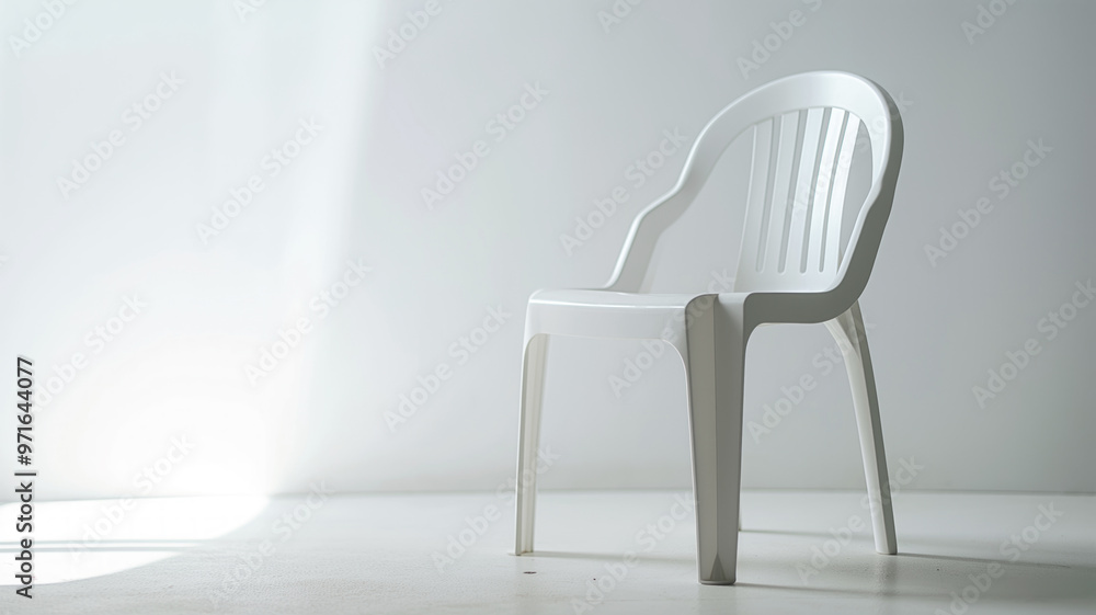 White plastic chair with slatted backrest in minimalist setting. Simple design emphasizes functionality and versatility White plastic chair with slatted backrest in minimalist setting. Simple design emphasizes functionality and versatility