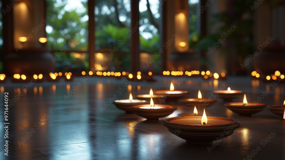 A serene Diwali evening with glowing lamps, peaceful prayers, and a warm atmosphere A serene Diwali evening with glowing lamps, peaceful prayers, and a warm atmosphere