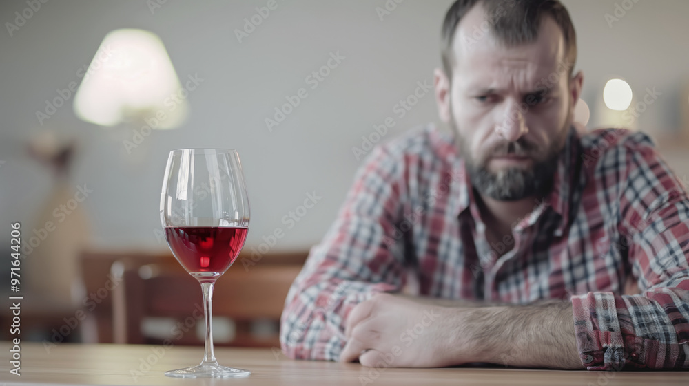 Glass of red wine on wooden table with person in background looking pensive. Scene captures a somber and introspective atmosphere Glass of red wine on wooden table with person in background looking pensive. Scene captures a somber and introspective atmosphere