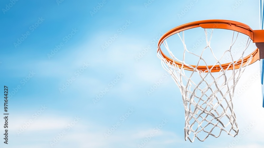 Basketball scoring through net, cloudless sky backdrop. Basketball scoring through net, cloudless sky backdrop.