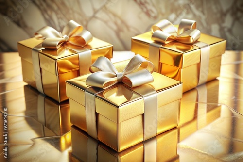 Three golden gift boxes with satin ribbons on a reflective surface