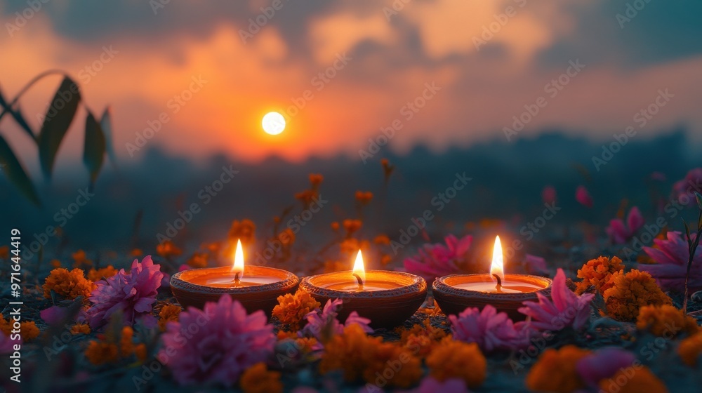 A serene Diwali setting with oil lamps, flowers, and a peaceful evening backdrop A serene Diwali setting with oil lamps, flowers, and a peaceful evening backdrop