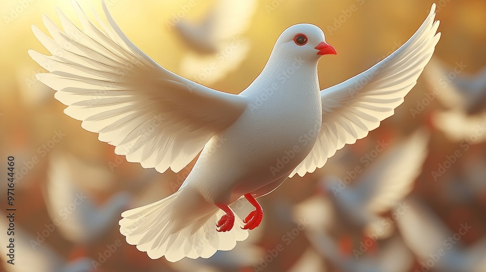 A graceful white dove soaring through the air, symbolizing peace and freedom against a warm, sunlit background. A graceful white dove soaring through the air, symbolizing peace and freedom against a warm, sunlit background.