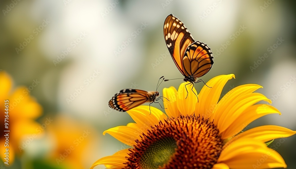 Obraz premium Sunflower, butterfly are very beautiful on blurred bokeh background. 4K