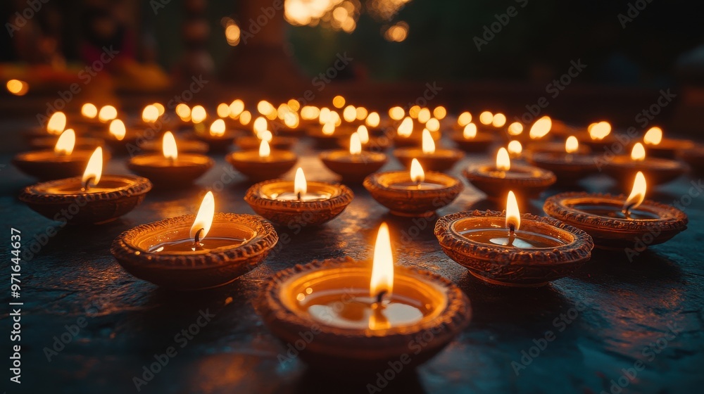 A serene image of multiple Diwali flames flickering in oil lamps, creating a spiritual atmosphere A serene image of multiple Diwali flames flickering in oil lamps, creating a spiritual atmosphere