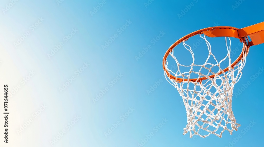 Basketball shot scoring, net captured against a clear sky. Basketball shot scoring, net captured against a clear sky.