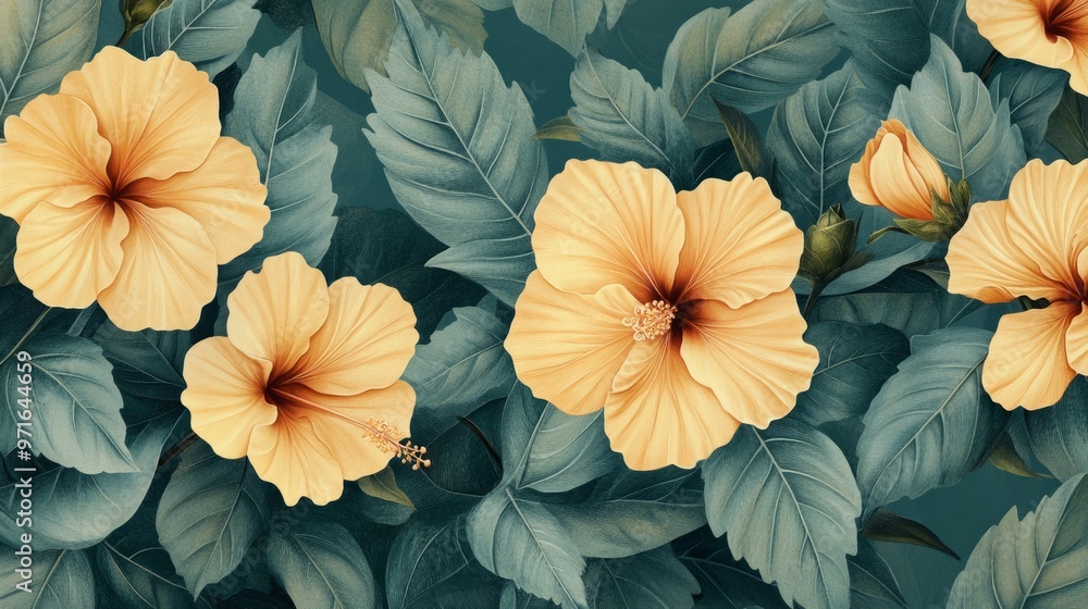 custom made wallpaper toronto digitalFloral pattern with yellow hibiscus flowers and pale green leaves generative ai