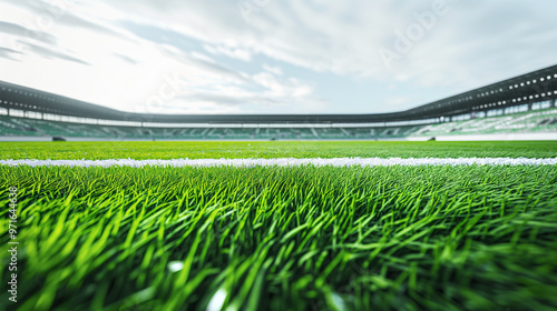 Close-up of green grass on a soccer field with a white line, surrounded by empty stadium stands under a cloudy sky. The field is ready for a match, creating an anticipatory atmosphere