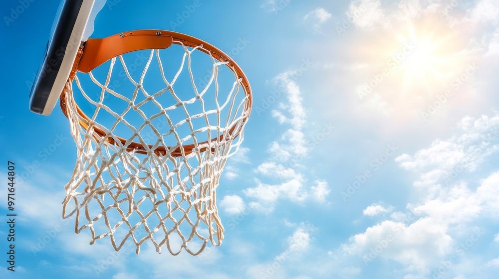 Basketball shot scoring, net and sky perfectly aligned. Basketball shot scoring, net and sky perfectly aligned.