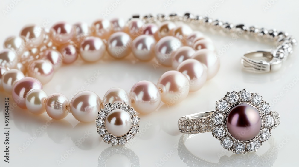 Beautiful pearl bracelet, necklace, ring, and earring on white background Beautiful pearl bracelet, necklace, ring, and earring on white background