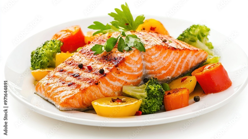 A white plate holds salmon, broccoli, tomatoes, peppers, and peppers against a white background A white plate holds salmon, broccoli, tomatoes, peppers, and peppers against a white background