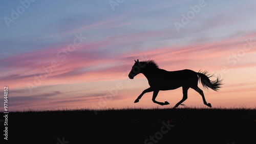 Silhouette of a horse galloping across a field at sunset with a colorful sky in the background, creating a serene and majestic scene