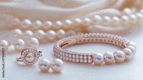 Beautiful pearl bracelet, necklace, ring, and earring on white background 