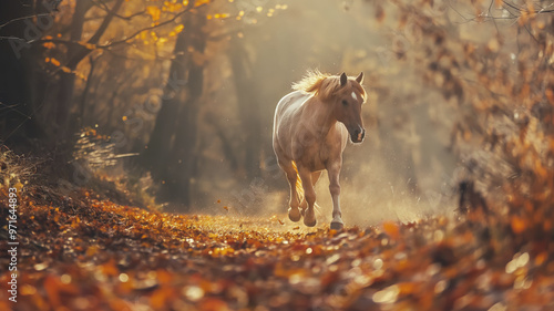 Light-colored horse trotting through a sunlit autumn forest with fallen leaves on the ground, evoking a peaceful and serene natural atmosphere