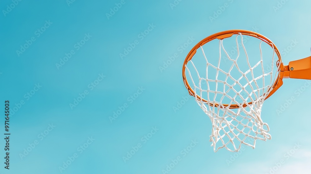 Clear sky, basketball going through the net. Clear sky, basketball going through the net.