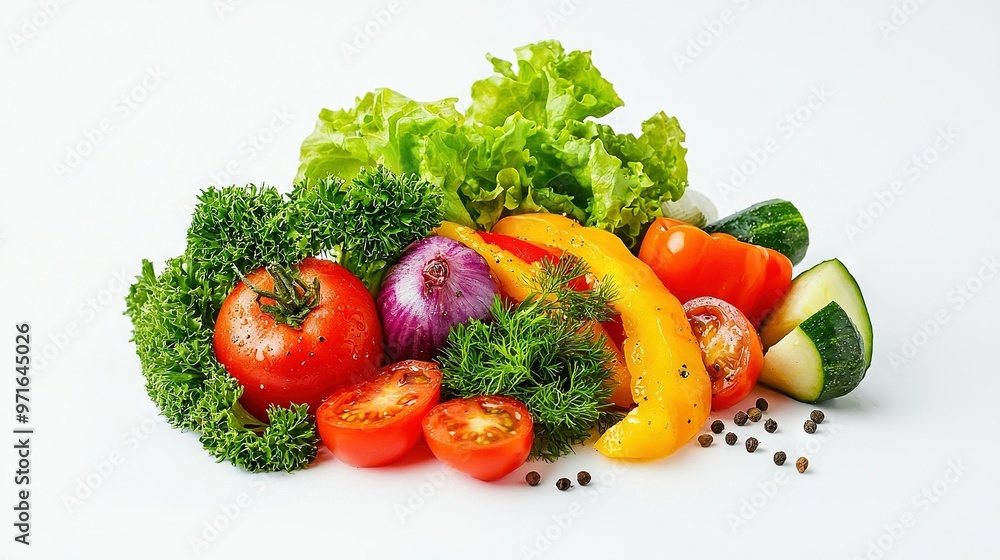 A colorful arrangement of various vegetables atop a mound of chopped lettuce, tomatoes, cucumbers, and other produce A colorful arrangement of various vegetables atop a mound of chopped lettuce, tomatoes, cucumbers, and other produce