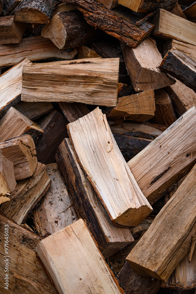 Chopped firewood in a large pile. The prepared power source is ready for combustion. Chopped firewood in a large pile. The prepared power source is ready for combustion.