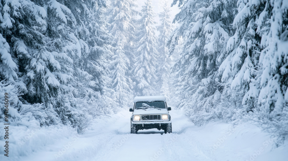SUV driving through a snow-covered forest road surrounded by tall, snow-laden pine trees. The vehicle navigates the remote, icy landscape, emphasizing winter adventure and isolation SUV driving through a snow-covered forest road surrounded by tall, snow-laden pine trees. The vehicle navigates the remote, icy landscape, emphasizing winter adventure and isolation