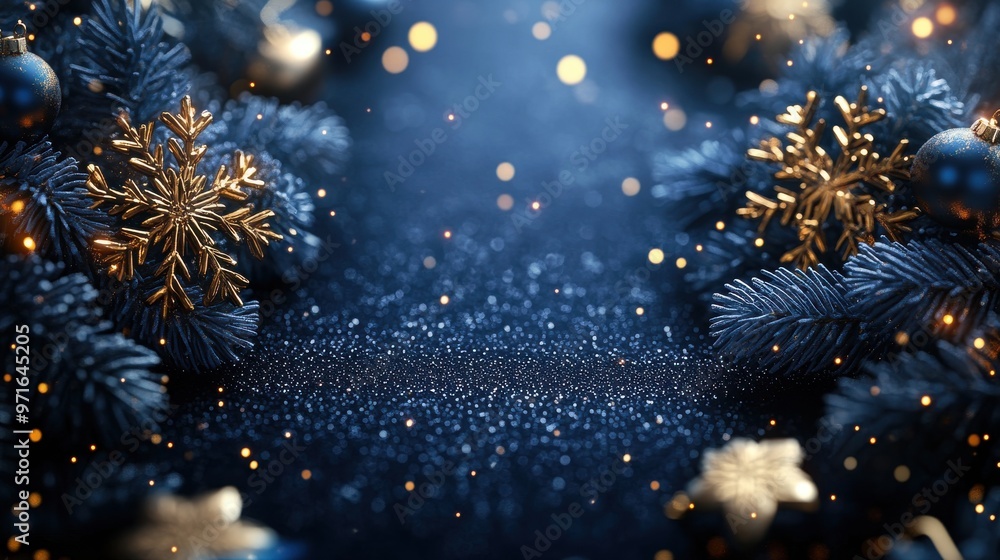Fototapeta premium A stylish blue Christmas banner with snowflakes, twinkling lights, and festive text