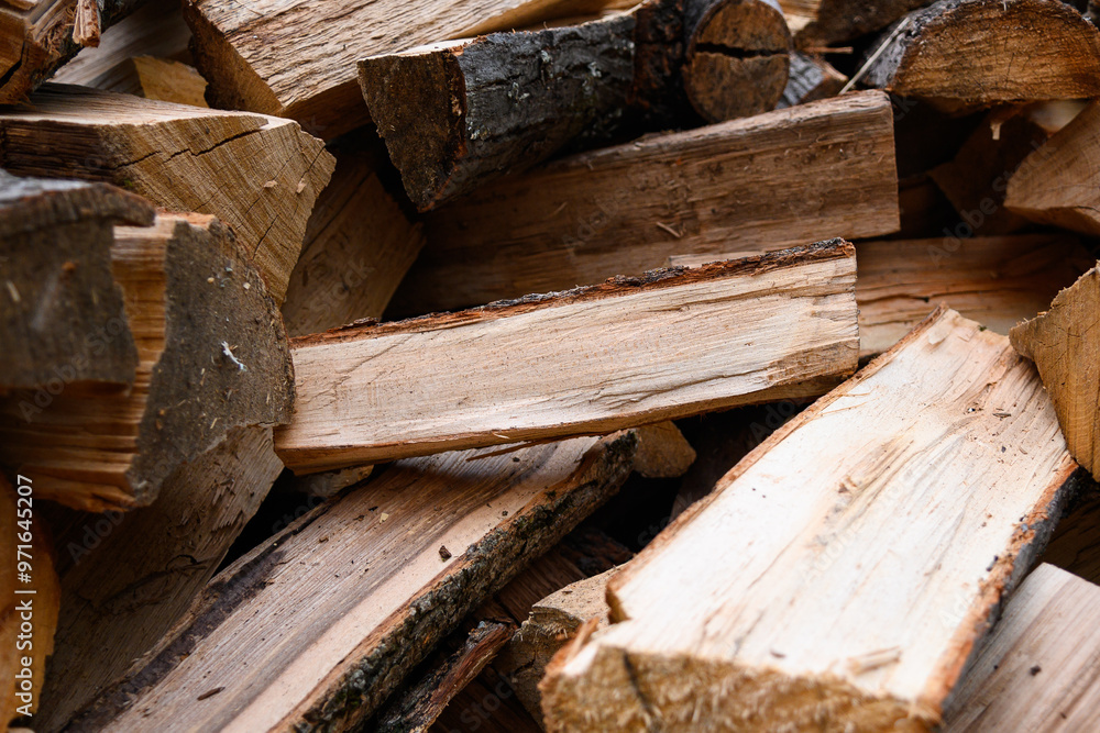 Chopped firewood in a large pile. The prepared power source is ready for combustion. Chopped firewood in a large pile. The prepared power source is ready for combustion.