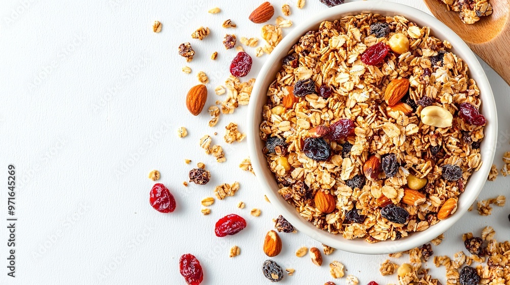 A bowl of granola sits atop a table, beside a spoon and bag of granola A bowl of granola sits atop a table, beside a spoon and bag of granola